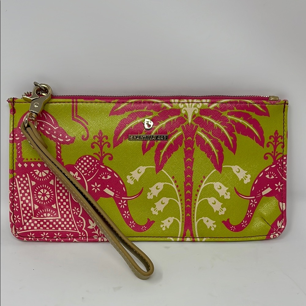 SPARTINA 449 WRISTLET GENUINE LEATHER ELEPHANT PRINT GREEN PINK GOLD